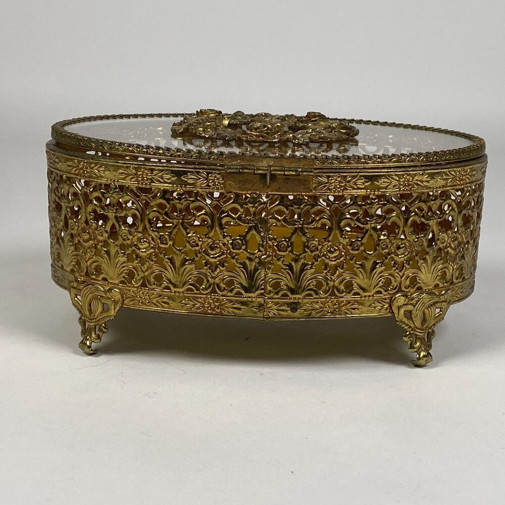 Vintage Hollywood Regency Gold Filigree Ormolu Jewelry Box Oval Glass Hinged Lid - Picture 5 of 11